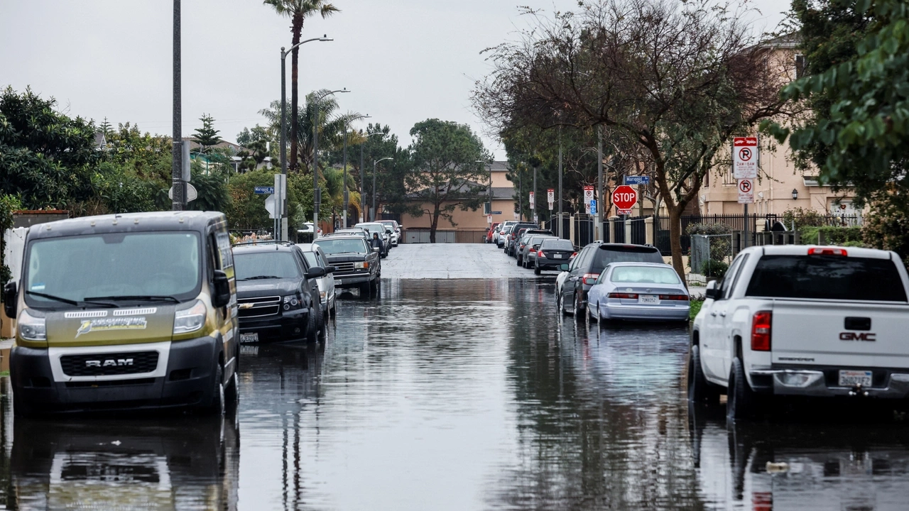 A view shows vehicles in flood water in Harbor City, Los Angeles, California, U.S. February 1, 2024. REUTERS/Carlin Stiehl