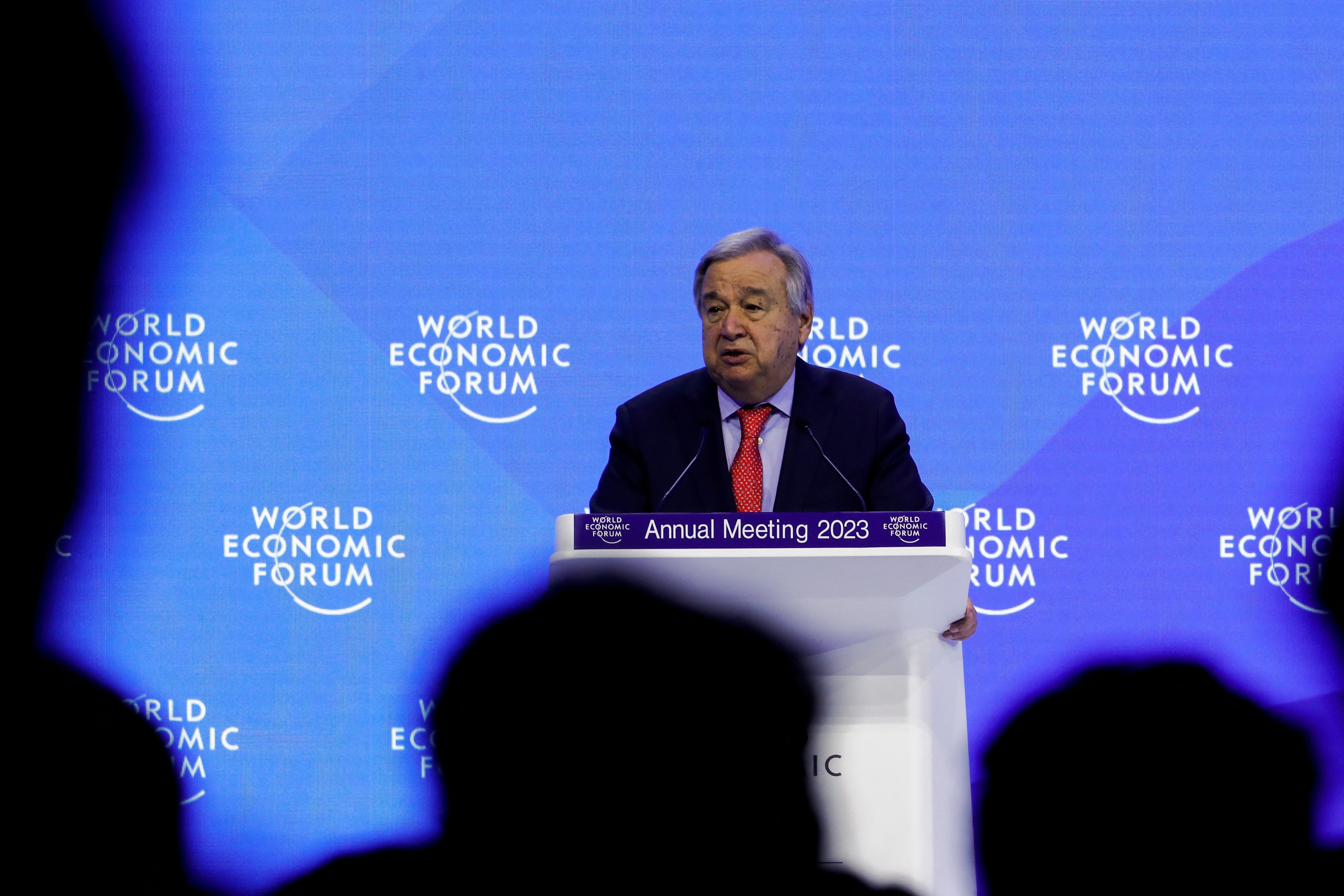 United Nations Secretary-General Antonio Guterres addresses the World Economic Forum (WEF), in Davos, Switzerland, January 18, 2023. REUTERS/Arnd Wiegmann