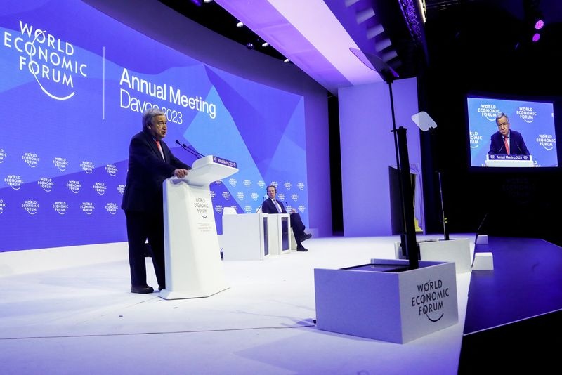 United Nations Secretary-General Antonio Guterres addresses the World Economic Forum (WEF), in Davos, Switzerland, January 18, 2023. REUTERS/Arnd Wiegmann
