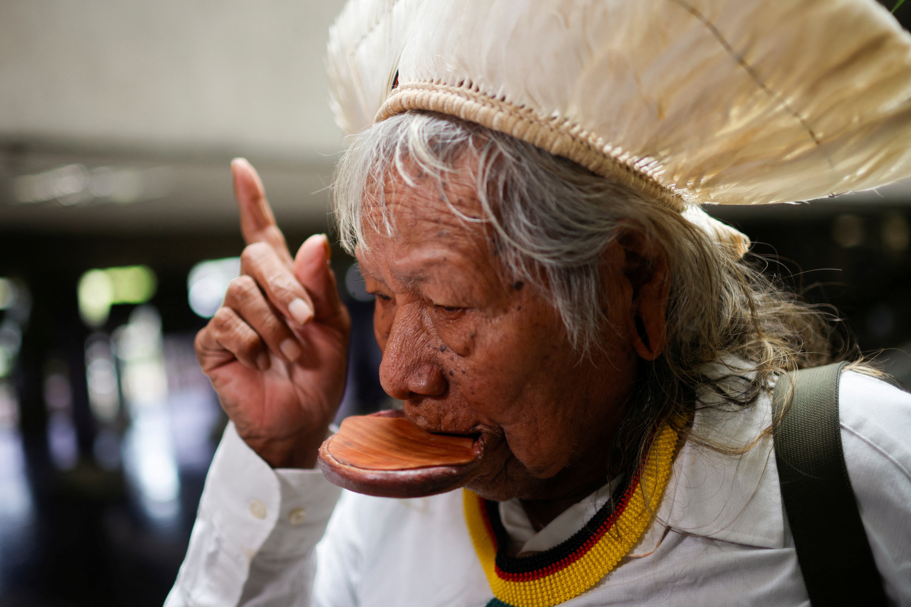 Brazil's indigenous chief Raoni Metuktire gestures as he attends an interview with Reuters in Brasilia, Brazil January 24, 2024. REUTERS/Adriano Machado