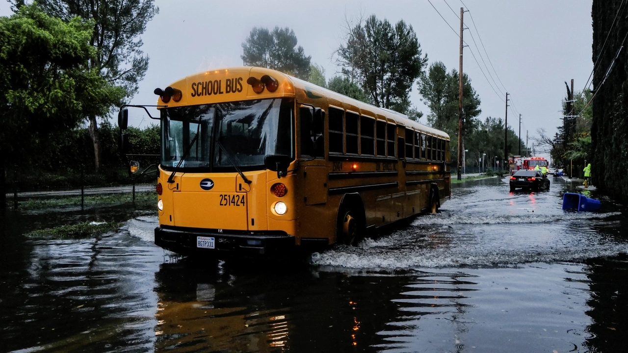 A school bus drives through flood water in Tarzana, in the San Fernando Valley region of Los Angeles, California, U.S. February 1, 2024. REUTERS/Carlin Stiehl