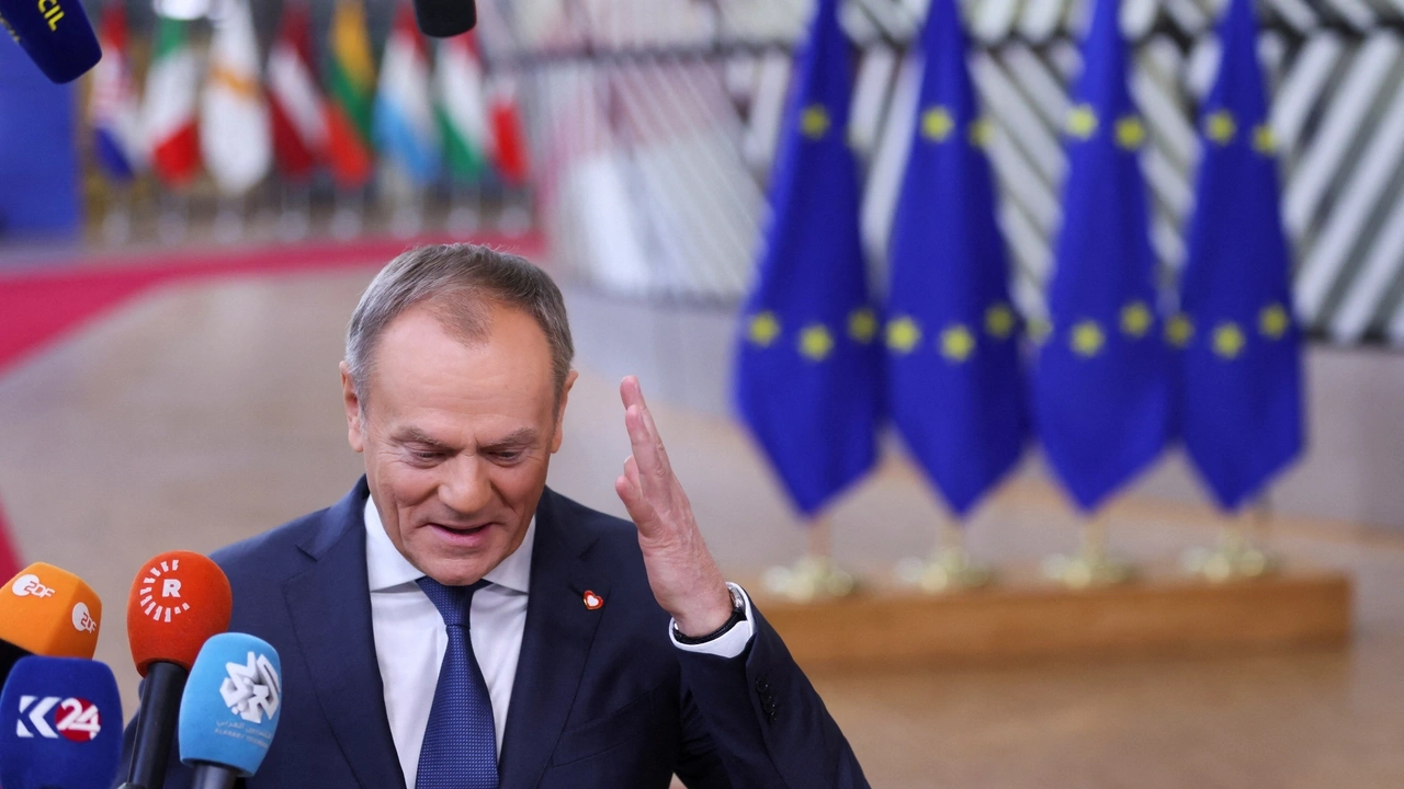 FILE PHOTO: Polish Prime Minister Donald Tusk speaks to the press as he attends a European Union summit in Brussels, Belgium February 1, 2024. REUTERS/Johanna Geron/File Photo