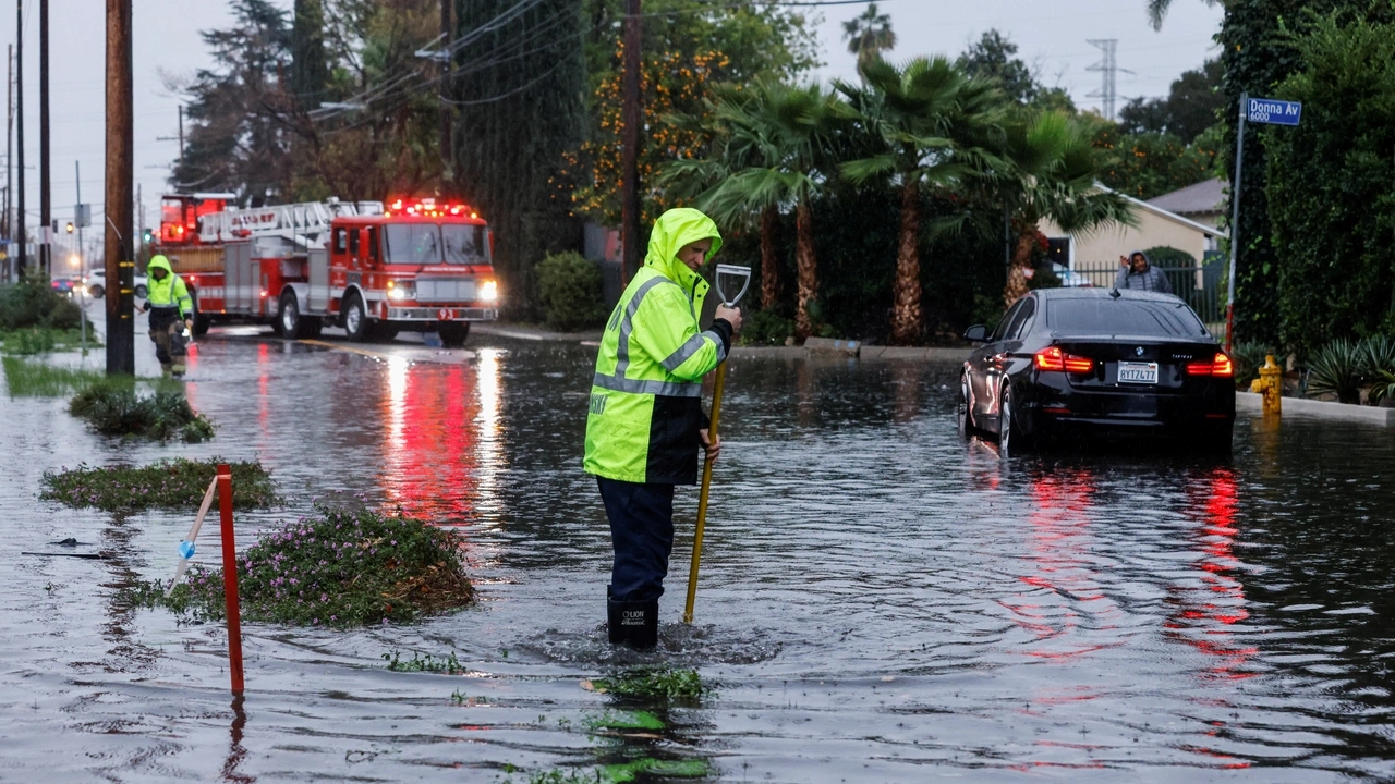 A man stands in flood water in Tarzana, in the San Fernando Valley region of Los Angeles, California, U.S. February 1, 2024. REUTERS/Carlin Stiehl