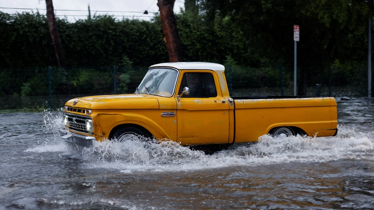 A vehicle drives through flood water in Tarzana, in the San Fernando Valley region of Los Angeles, California, U.S. February 1, 2024. REUTERS/Carlin Stiehl